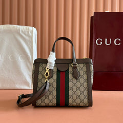 GUCCI 26S OPHIDIA HANDBAG 25 IN BROWN AND DARK BEIGE CALFSKIN