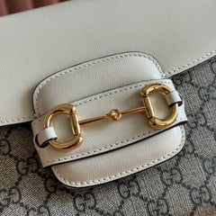 GUCCI 25S HORSEBIT 1955 MEDIUM SHOULDER BAG 29 CM IN BEIGE CANVAS AND CREAM WHITE CALFSKIN WITH GOLD HARDWARE