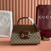 GUCCI 25S HORSEBIT 1955 MEDIUM SHOULDER BAG 29 CM IN DARK BEIGE CANVAS AND BROWN CALFSKIN WITH GOLD HARDWARE