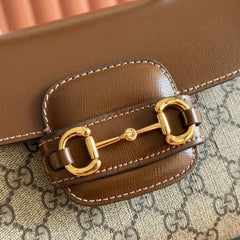 GUCCI 25S HORSEBIT 1955 MEDIUM SHOULDER BAG 22 CM IN DARK BEIGE CANVAS AND BROWN CALFSKIN WITH GOLD HARDWARE