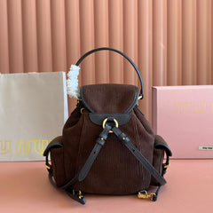 MIUMIU 26S BACKPACK 22 IN CHOCOLATE BROWN CANVAS BLACK CALFSKIN