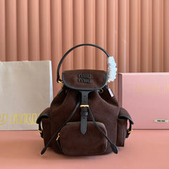 MIUMIU 26S BACKPACK 22 IN CHOCOLATE BROWN CANVAS BLACK CALFSKIN
