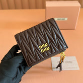 MIUMIU 26S SMALL MATELASSE CARD HOLDER 11 IN DARK BROWN CALFSKIN GOLD HARDWARE