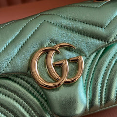 GUCCI 26S GG MARMONT BAG 22 IN METALLIC PALE GREEN LAMBSKIN
