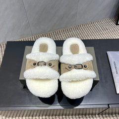BALENCIAGA 25S SLIPPERS IN DARK BEIGE SUEDE AND WHITE WOOL
