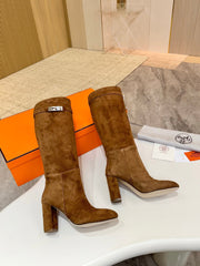 HM 25S KELLY KNEE-HIGH BOOTS IN BROWN SUEDE WITH SILVER HARDWARE