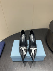 PRADA 25S POINTED TOE HIGH HEELS 85MM IN BLACK LAMBSKIN WITH TIE UP DESIGN