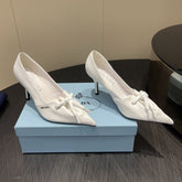 PRADA 25S POINTED TOE HIGH HEELS 85MM IN IVORY LAMBSKIN WITH TIE UP DESIGN