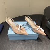 PRADA 25S POINTED TOE SLINGBACK 85MM IN BEIGE LAMBSKIN WITH TIE UP DESIGN
