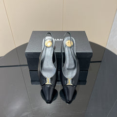 YSL SLINGBACK FLATS 25S IN BLACK LAMBSKIN WITH GOLD HARDWARE