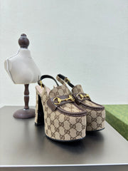 GG WOMEN'S HORSEBIT PLATFORM LOAFER SLINGBACK IN TAN BEIGE CANVAS