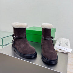 BOTTEGA VENETA 26S FUR-LINED BOOTS IN DARK BROWN SUEDE AND WHITE WOOL