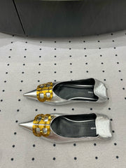 POINTED BB GOLD BUCKLE BALLET FLAT IN SILVER METALLIC SHINY CALFSKIN