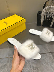 FENDI BAGUETTE MINK SLIDE SLIPPER IN WHITE FUR