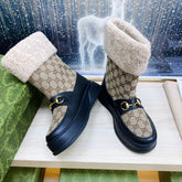 HORSEBIT ANKLE BOOTS WITH MERINO TRIM IN BEIGE JACQUARD FABRIC MIX BLACK CALFSKIN