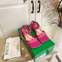 STRETCH LACE-UP FLAT SANDAL IN BRIGHT PINK METALLIZED MESH AND LEATHER