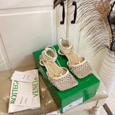 LACE-UP FLAT SANDAL IN WHITE CREAM METALLIZED MESH AND LEATHER WITH RHINSTONES