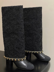 CC FLORAL BOOTS 60MM IN BLACK CALFSKIN WITH GOLD CHAIN