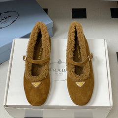 PRADA 25S MARY JANE FLATS IN DARK WALNUT BROWN SUEDE WITH GOLD HARDWARE