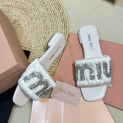 Women's White Leather Diamond Slippers
