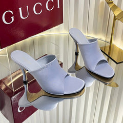 GUCCI 26S HIGH-HEELED SANDALS 100 MM IN GRAYISH BLUE SATIN