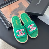 SLIPPERS IN GREEN SHEEPSKIN MIX FABRIC AND STRAPS BASE