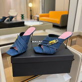 BALMAIN 25S HIGH HEEL SANDALS 95MM IN BLUE DENIM