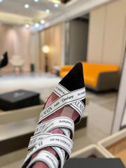 BALMAIN 25S HIGH HEELS LOGO RIBBON 95MM IN BLACK AND WHITE SUEDE