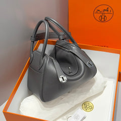 HERMES 25S MEDIUM LINDY 26 IN CHARCOAL GRAY CALFSKIN SILVER HARDWARE