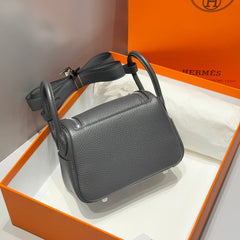 HERMES 25S MINI LINDY 19 IN CHARCOAL GRAY CALFSKIN SILVER HARDWARE