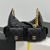 QUILTED HOBO CARGO BAG 31 IN BLACK CALFSKIN GOLD CHAIN