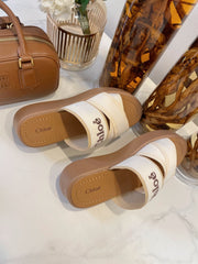 WOODY WEDGE SANDALS IN WHITE CANVAS WITH CIDER BROWN RUBBER SOLE