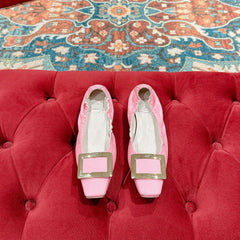 BELLE VIVIER BALLERINAS IN PINK SHINY LAMBSKIN GOLD PATENT SQUARE BUCKLE