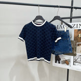 GUCCI SHORT-SLEEVE CREW NECK KNIT TOP WITH WHITE TRIM 256819