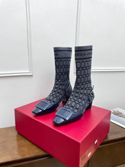BELLE VIVIER SOCK LACQUERED BUCKLE ANKLE BOOTS IN NAVY BLUE CALFSKIN AND TECHNICAL FABRIC
