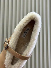 ALAIA 25S MARY JANE SHEARLING FLATS IN DARK NUDE GLOSSY CALFSKIN
