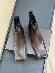 ALAIA 25S SQUARE TOE CHELSEA ANKLE BOOTS SHOES IN BROWN CALFSKIN