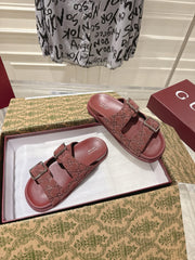 SANDALS IN NAVY RED SUEDE EMBOSSED LOGO SILVER HARDWARE