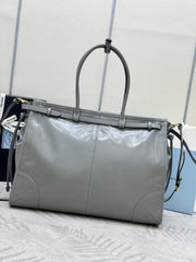 PRADA 25S LUX SOFT BAG 42 IN GRAY GLOSSY CALFSKIN GOLD HARDWARE