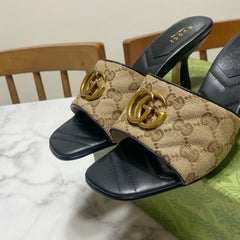 GUCCI 26S HEELED SLIDES 75 MM IN SAND BROWN CANVAS AND BLACK LAMBSKIN