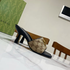 GUCCI 26S HEELED SLIDES 75 MM IN SAND BROWN CANVAS AND BLACK LAMBSKIN