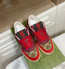 GUCCI 26S RE-WEB TRAINER SNEAKERS IN RED CALFSKIN AND BEIGE CANVAS