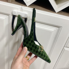 GUCCI 26S SLINGBACK HEELS 85 MM IN DARK GREEN VELVET