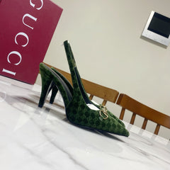 GUCCI 26S SLINGBACK HEELS 85 MM IN DARK GREEN VELVET