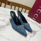 GUCCI 26S HEELED MULES 85 MM IN BLUE SUEDE
