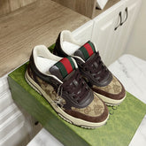 GUCCI 26S RE-WEB TRAINER SNEAKERS IN BROWN CALFSKIN AND BEIGE CANVAS