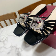 GUCCI 26S FLAT SLIDES IN BLACK CALFSKIN WITH CRYSTAL
