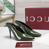 GG HEELED MULES 105 IN ARMY GREEN CALFSKIN