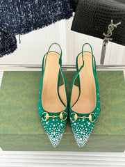 HIGH SLINGBACK 8.5 CM IN GREEN FABRIC WITH RHINESTONE EMBELLISHMENTS