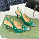 HIGH SLINGBACK 8.5 CM IN GREEN FABRIC WITH RHINESTONE EMBELLISHMENTS